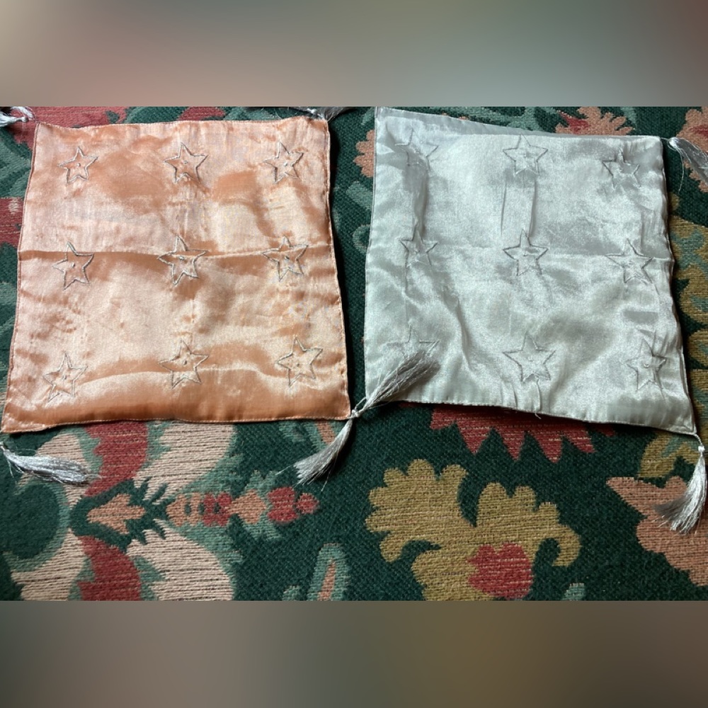 NEW Silky Star Pillow Covers W/Tassels Gray & Coral 16”x16” Zippers